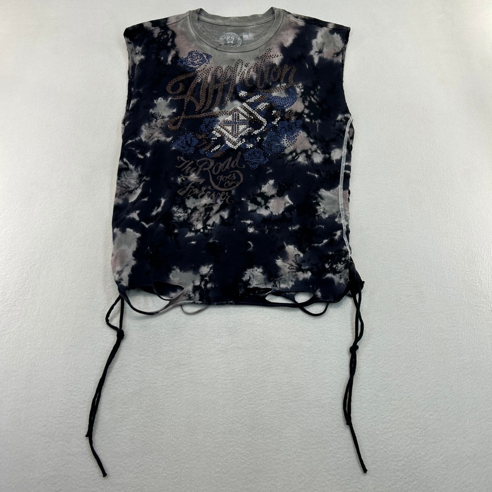Affliction American Customs Tie Dye Sleeveless Graphic Tee Grey Black M